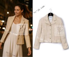 シャネル ジャケット CHANEL アイボリー ベージュ スパンコール ウール ツイード カール・ラガーフェルド作 38 貴重 美人見え