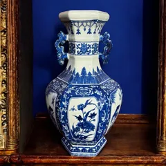 中国現地買付 六角壺 [鳥山水風景絵] 取手付き 中国雑貨 壺 フラワーベース 花瓶 花入れ 花器 陶器 中国 古美術 骨董品 アンティーク