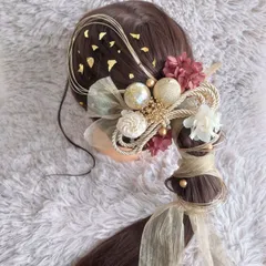 ヘッドドレス 髪飾り＊結婚式 成人式 卒業式 和装 打掛 振袖 袴~ボリューム多め リボン パール 和玉 ロープ 水引 金箔~パープル 濃紫 17本