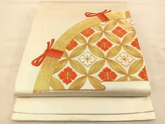 平和屋着物◎太鼓柄袋帯　駒刺繍　籬草花文　正絹　逸品　BAAT4952hz
