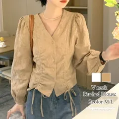 Vネックシャーリングブラウス レディース トップス 長袖 無地 秋服 冬服 10代20代 30代 韓国ファッション 韓国 大きいサイズ カジュアル ノーカラー