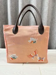 【在庫整理】帯リメイクバッグ　ピンクに蝶の刺繍