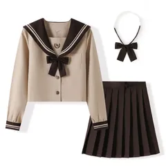ブラウン_S [FAVORABLE SCENERY] セーラー服 レディース 長袖 シャツ スカート 上下セット 茶色 前開き コスプレ 女子高校生 JK 制服 コスチューム 仮装 高校生