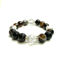12mm 四神獣銀彫水晶×チベットアゲート（天眼石） パワーストーン ブレスレット天然石 運気上昇 金運 ギャンブル運 お守り （シルバー）メンズ・レディース 男性・女性 数珠ブレス 開運  ■