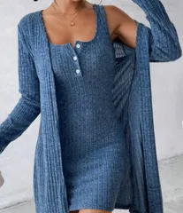 【ブルー】セットアップ ニットワンピース ロングカーディガン リブニット 前ボタン スリムフィット 体型カバー 秋冬 大人かわいい 韓国風
