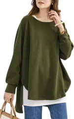 グリーンパキラ チュニック レディース 秋冬 着痩せ トップス 長袖 ゆったり お尻が隠れるトップス トレーナー スウェット カットソー 体型カバー 大きめ プルオーバー 重ね着 着回し シンプル 無地(カーキ,  Free Size)