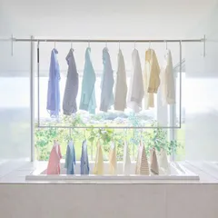 山崎実業 折り畳み伸縮物干し2段ハンガー タワー tower 物干しハンガー 折りたたみ 洗濯 フック 一人暮らし 室内物干し 竿 コンパクト おしゃれ スリム 吊り下げ 部屋干し 省スペース リビング 賃貸 バスグッズ 北欧 タワーシリーズ tower