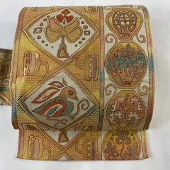 名古屋帯 優品 鳥 幾何学 ベージュ 正絹 【中古】