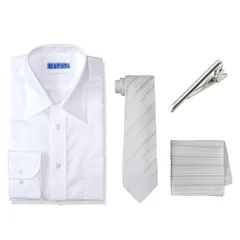 Size:首回り39cm裄丈80cm_Color:シャツ:白 ネクタイ・チーフ:シルバーストライプ [スマートビズ] ワイシャツ ネクタイ チーフ タイピン 4点セット 両家顔合わせに 超形態安定ワイシャツ おしゃれ 王道 コーディネート 結婚式 フォーマル