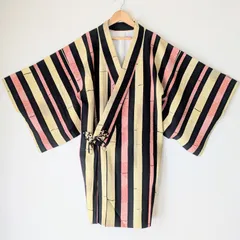 Japanese Vintage Haori Dochugi Kimono Coat Bamboo pattern stripes Black Yellow Red 長羽織 羽織 道中着 コート 竹文様 縞 黒 黄 朱 昭和レトロ 一点物 和洋折衷