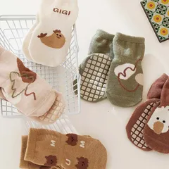 ✽即納✽5足セット　韓国子供服　韓国風　キッズソックス　ベビーソックス　靴下 　女の子　男の子　滑り止め付き　新学期準備　保育園　くすみカラー　ナチュラル　保育園着　12 13 14