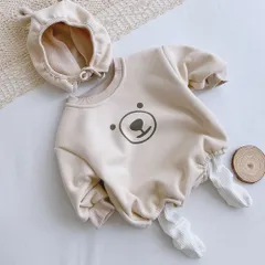 新品　トレーナー　ロンパース　帽子付　秋冬　ブラウン　オフホワイト　73 80cm  フォロー割