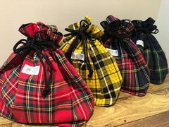 mulberry marche 播州織  綿麻タータンチェック　巾着バッグ