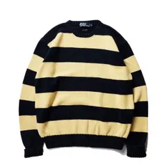 90's ポロ ラルフローレン 太ボーダー クルーネック コットン ニットセーター (M) 紺×黄色 ワイドピッチボーダー 90年代 旧タグ オールド　アメリカ古着 USED  ビンテージ ヴィンテージ