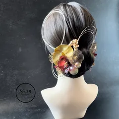 クリアフラワーと胡蝶蘭の髪飾り 金 赤｜成人式 卒業式 前撮り 色打掛 和装 №200