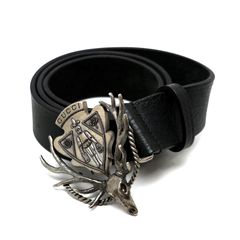 【楠本質店/元住吉】グッチ/GUCCI　181406　ディアクレストバックル　鹿　シカ　ベルト　ブラック　サイズ約：穴中90cm-W4.0cm　メンズ【中古】
