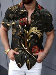 バロック柄 花柄プリント 半袖シャツ アロハシャツ 314 黒 柄シャツ ヤクザ ヤンキー オラオラ系 ストリート ダンス HIPHOP B系 ホスト 服 メンズ ファッション