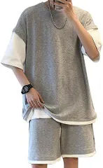 tシャツ メンズ 半袖 上下 セット 夏服 ゆったり ジャージ メンズ 上下 ハーフパンツ セットアップ メンズ 無地 スウェット メンズ 上下セット フェイク レイヤード おしゃれ 大きいサイズxiaan01xiaan01