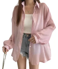 [Four leaf] 可愛い シアーシャツ レディース ゆったり シースルー yシャツ カットソー 夏 長袖 uvカット シアートップス 羽織 上着 トップス 夏服 服 襟付き 冷房対策 (ピンク) [ピンク]