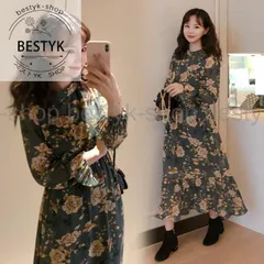 花柄ワンピース ロング ワンピース 秋 レディース シフォンワンピース 長袖 マキシワンピース 花柄 長袖ワンピース 春 レトロ ミモレワンピース
