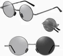 REONAS 偏光 + 調光 変色 折りたたみ サングラス ラウンド メガネ uvカット クラッシック 丸メガネ 2(ガンメタリック)