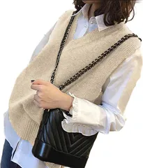 SLOW＆MELLOW スロウアンドメロウベスト ニット レディース Vネック シンプル 無地 ゆったり 重ね着 レイヤード ノースリーブ セーター( ベージュ,  Free Size)