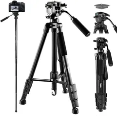 Pynhoklm 三脚 一脚 カメラ ビデオカメラ 可変式 360回転 クイックシュー式 3Way 2つ水準器付き 5段階伸縮 フック付き 最大長さ165cm 日本語説明書付き( ブラック,  165CM)のサムネイル