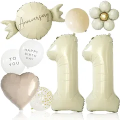 【新品】 deerzon くすみホワイト 11歳 くすみカラー 数字 バルーン 誕生日 飾り付け 10点 セット 大きい 65cm くすみ ニュアンスカラー ナンバーバルーン バースデー 0