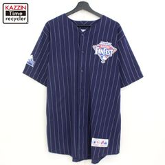 00s USA製 majestic ストライプ柄 MLB ベースボールシャツ メンズ 表記Lサイズ