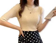 [ハベリィ] リブニット トップス ニットソー 五分袖 ハイネック セーター シンプル レディース (オフホワイト) [オフホワイト] [Free Size]