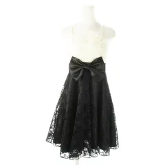 ワンピース ドレス ミニ 総レース ひざ丈 リボン バラリボン刺繍 ドッキング 切替 黒 ブラック /CK22 ■GY12