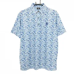 【美品】フットジョイ 半袖ポロシャツ ライトブルー×ネイビー 花柄 ボタンダウン  メンズ M ゴルフウェア 2024年モデル FootJoy