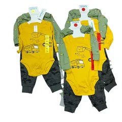 【管31957】新品未使用☆Carter's カーターズ ベビー服セット 3点セット 男の子 6M/9M 長袖ボディスーツ＆パンツ 工事車両柄 イエロー＆グリーン キッズ服