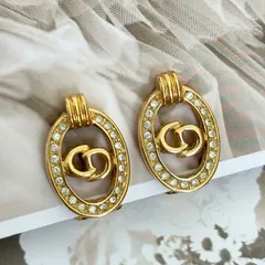【極美品】クリスチャンディオール イヤリング  ディオールロゴ オーバル ラインストーン 金 ピアス GPメッキ アクセサリー  Dior Vintage Earrings Gold 22116