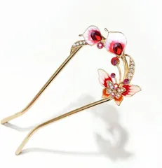 S.T.S.G 簪 かんざし バチ型 髪飾り 2本足 二本挿し 和装 振袖 浴衣アンティーク ペア 蝶 フラワー 花 ヘア アクセサリー アレンジ(赤色)