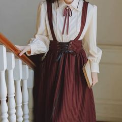 【新品】レトロガーリー♡ボウタイリボンブラウス＋ストライプサスペンダースカート レディース 韓国 ジャンパースカート ブラウス セット おすすめ 秋 冬 　E1318
