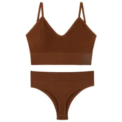 ブラジャー ショーツ Tバック セット ノンワイヤー 下着 女性 スポーツ ブラセット 運動 ヨガ ジム M ブラウン