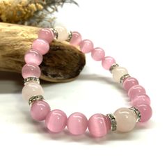 キャッツアイ(ピンク)×ローズクォーツ パワーストーン ブレスレット  (シルバー) メンズ・レディース　男性・女性　数珠ブレス 開運 [23]