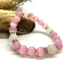 キャッツアイ(ピンク)×ローズクォーツ パワーストーン ブレスレット  (シルバー) メンズ・レディース　男性・女性　数珠ブレス 開運 [r]