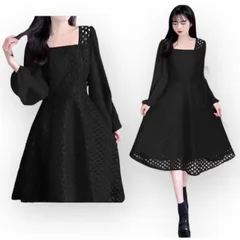 ワンピース ワンピドレス ミドル丈 袖あり 長袖 パフスリーブ スクエアネック フレア Aライン 切り替え ハイウエスト カッティングデザイン 大人可愛い きれいめ