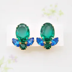 ヴィンテージ　Unsigned Beauty　ゴールドトーン　グリーン＆ブルーラインストーン　イヤリング