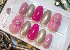 ㉑ ぷっくりお花とキラキララメの秋色ピンクネイル　ハンドメイド　ネイルチップ　現品　サイズオーダー可　かわいい　秋