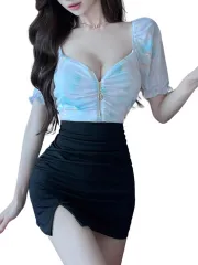 COCO&YUKA(ココアンドユカ) レース 2WAY 胸開き ハーフジップ タイト セクシー ミニ ワンピース キャバ嬢 ドレス バイカラー 肩出し オフショルダー 半袖 スカート スリット 花柄 無地 チャック レディース( ブルー,  M)