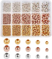 PH PandaHall ビーズ メタルビーズ 金属ビーズ 2400個セット 丸小ビーズ 3色 スペーサービーズ ゴールド シルバー ローズゴールド アクセサリーパーツ 収納ケース付き