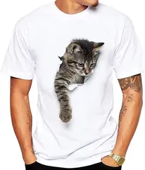 aspersio アスペルシオ 半袖 プリント柄 シャツ ユッタリ ワンポイント クルーネック ティシャツ tシャツ 半袖tシャツ 白色( ネコ柄,  3XL)