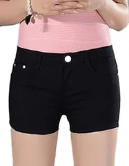 Aguilucho(アリルチョウ） 短パン ストレッチ ショート ホット パンツ ゆったり かわいい ボトム カジュアル デニム レディース 黒 ブラック サイズ( 06.黒 30（L-XLサイズ）.)