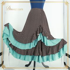 【美品 フラメンコ衣装】ブラウン あとりえaiai ファルダ スカート 茶 緑 水玉 ドット ボランテ グリーン レトロ かわいい  ファルダ スカート フラメンコ 衣装 背面ファスナー ウエスト伸縮性
