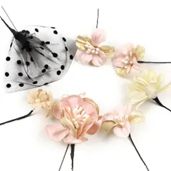 髪飾り 成人式 振袖 袴 花 7点セット ピンク ベージュ 白 ゴールド 花 ちりめん レース パールビーズ ドット 水玉 Ｕピン Iピン No.12-0377