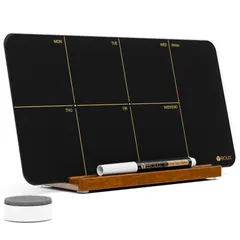 Yeoux 卓上 ブラックガラス ウィークリープランナー ドライイレース ホワイトボード 取り外し可能な木製スタンド付き 小さなポータブル週カレンダー ToDoリスト ホワイトボード 12x6インチ オフィス 自宅 学校 マーカー&消しゴム付き [ブラック]