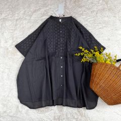 新品 シフリー刺繍ブラウス アイレットレース コットン チャコール フリー